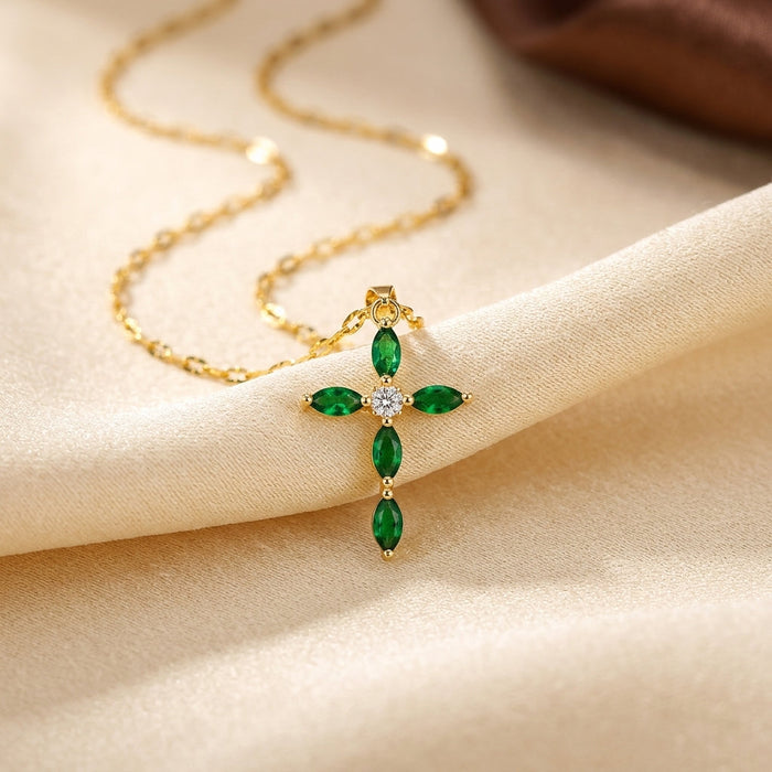 Emerald Marquise Gold Cross Pendant Necklace