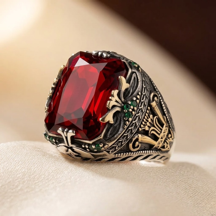 Ornate Silver Signet Ring with Ruby Accent