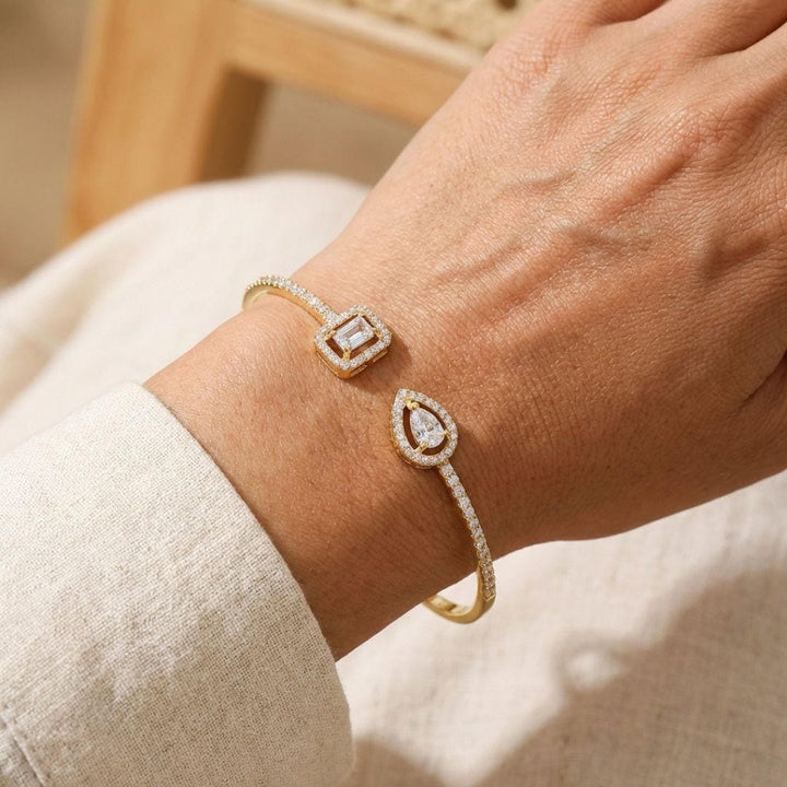 Dual Gemstone Gold Open Cuff Bracelet