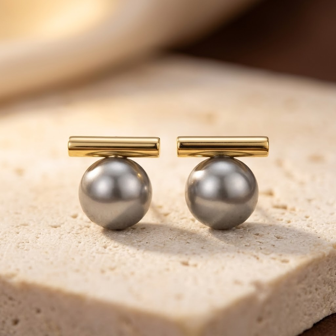 Pearl Stud Earrings with Golden Bar Accent