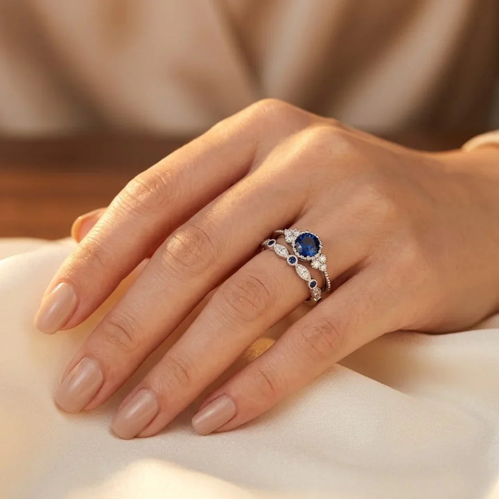 Sapphire Halo Ring with Silver Band