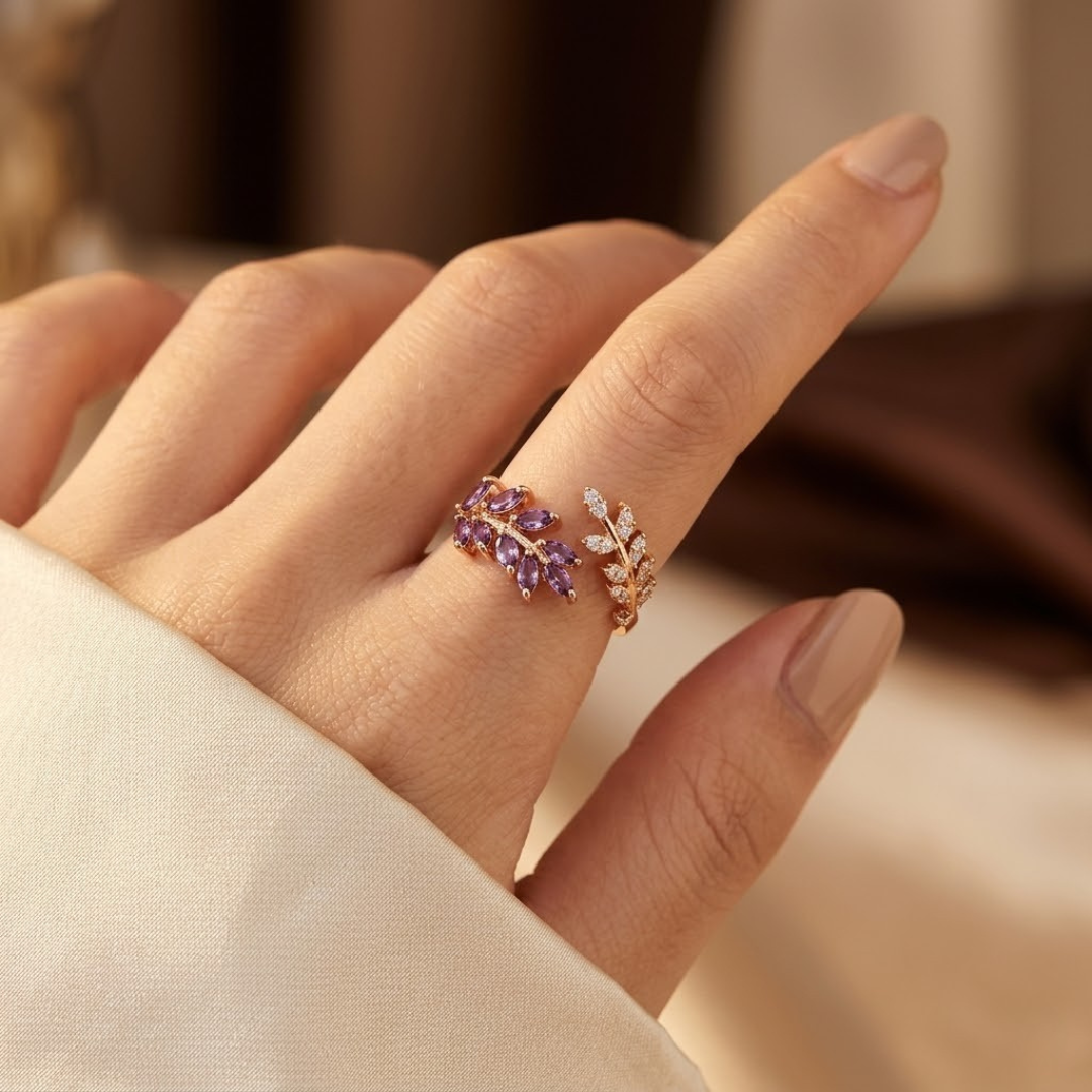 Amethyst Leaf Ring in Gold