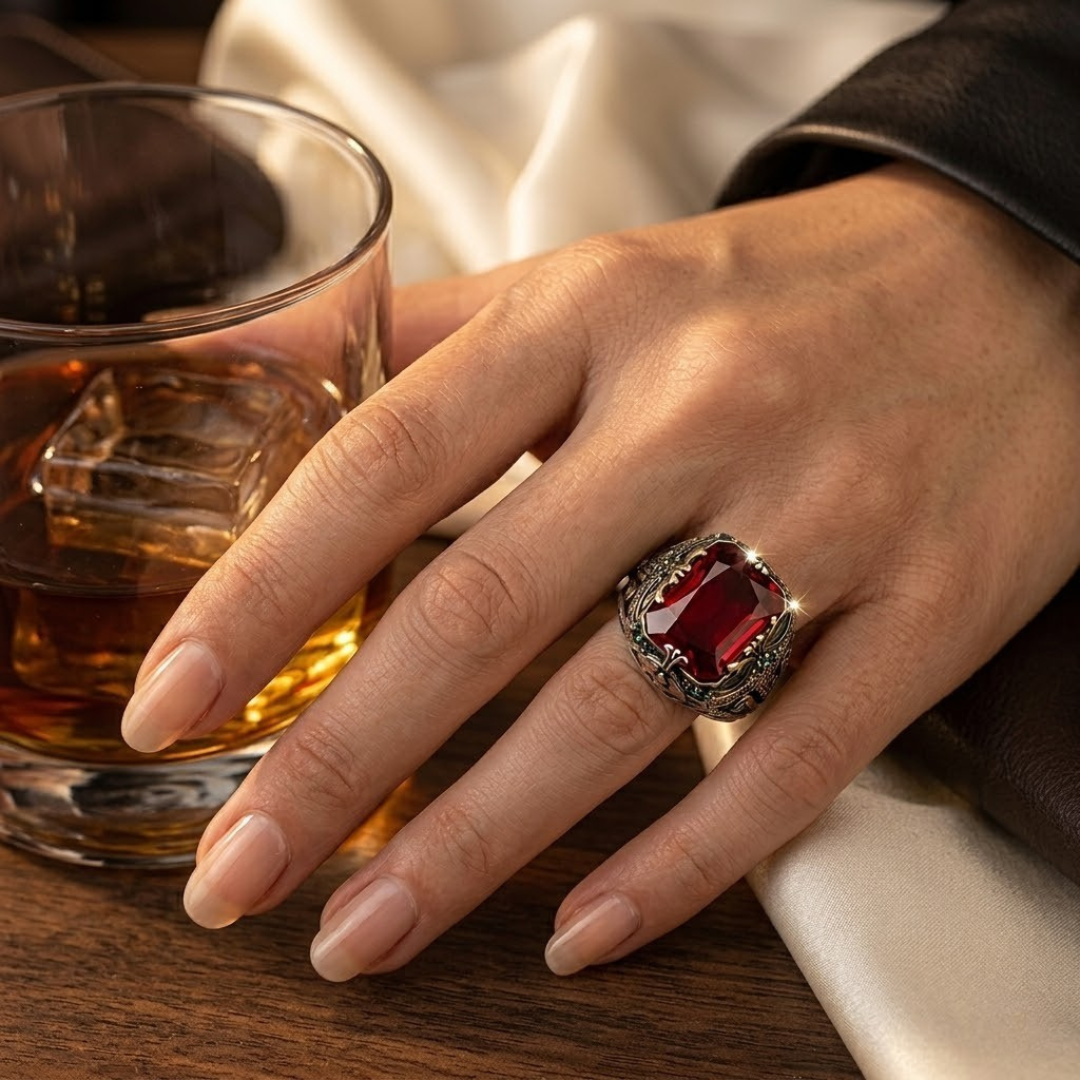 Ornate Silver Signet Ring with Ruby Accent
