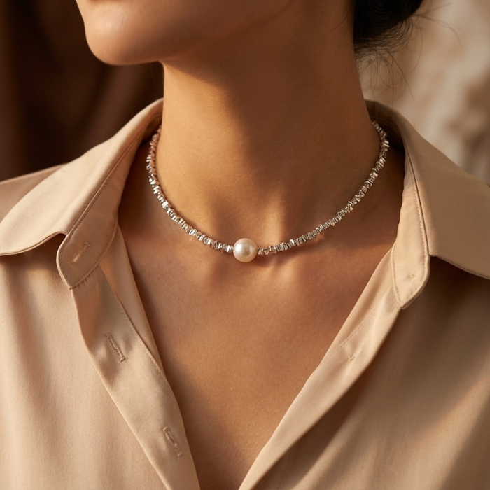 Elegant Silver Pearl Choker Necklace in Minimalist Style
