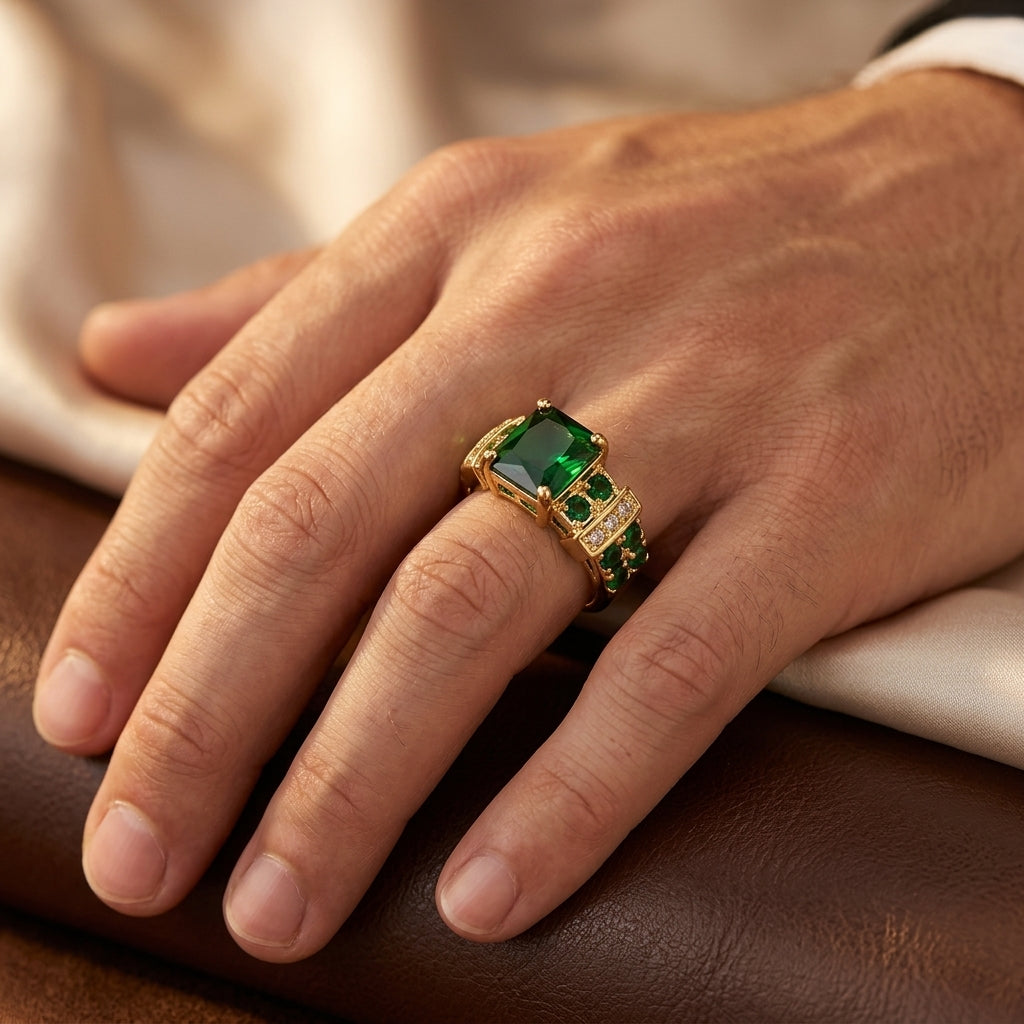 Emerald-Accented Geometric Gold Ring