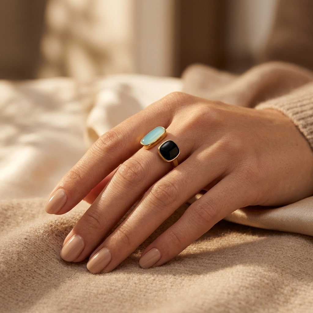 Adjustable Gold Ring Featuring Dual Stone Design