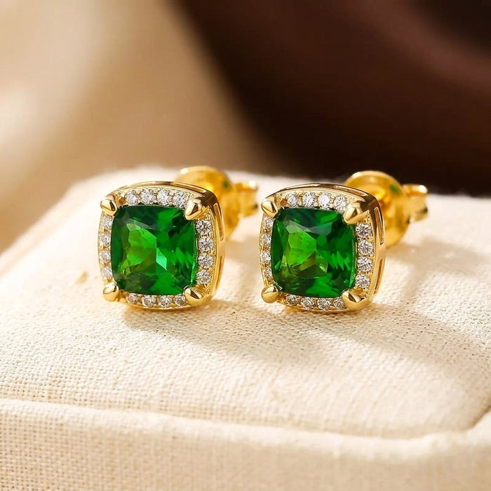 Emerald Halo Gold Stud Earrings