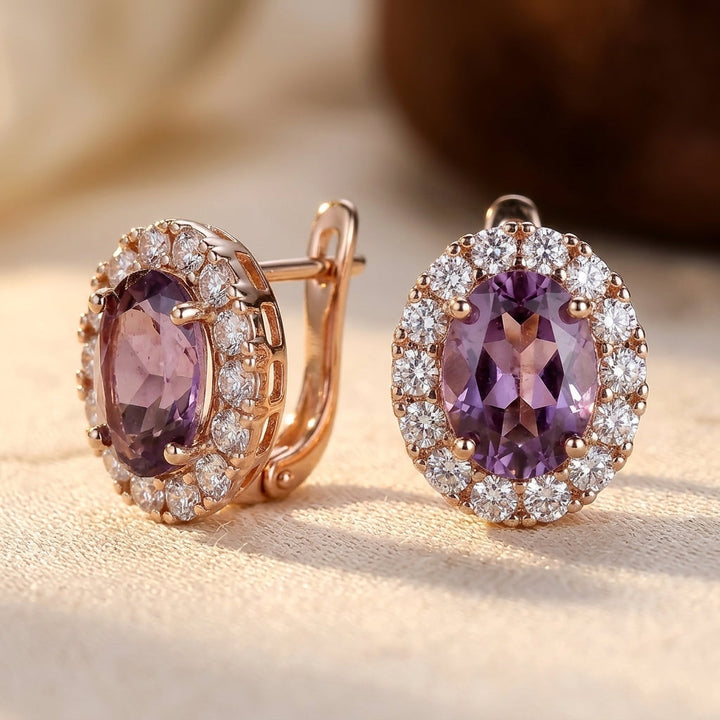 Gold Amethyst Halo Stud Earrings