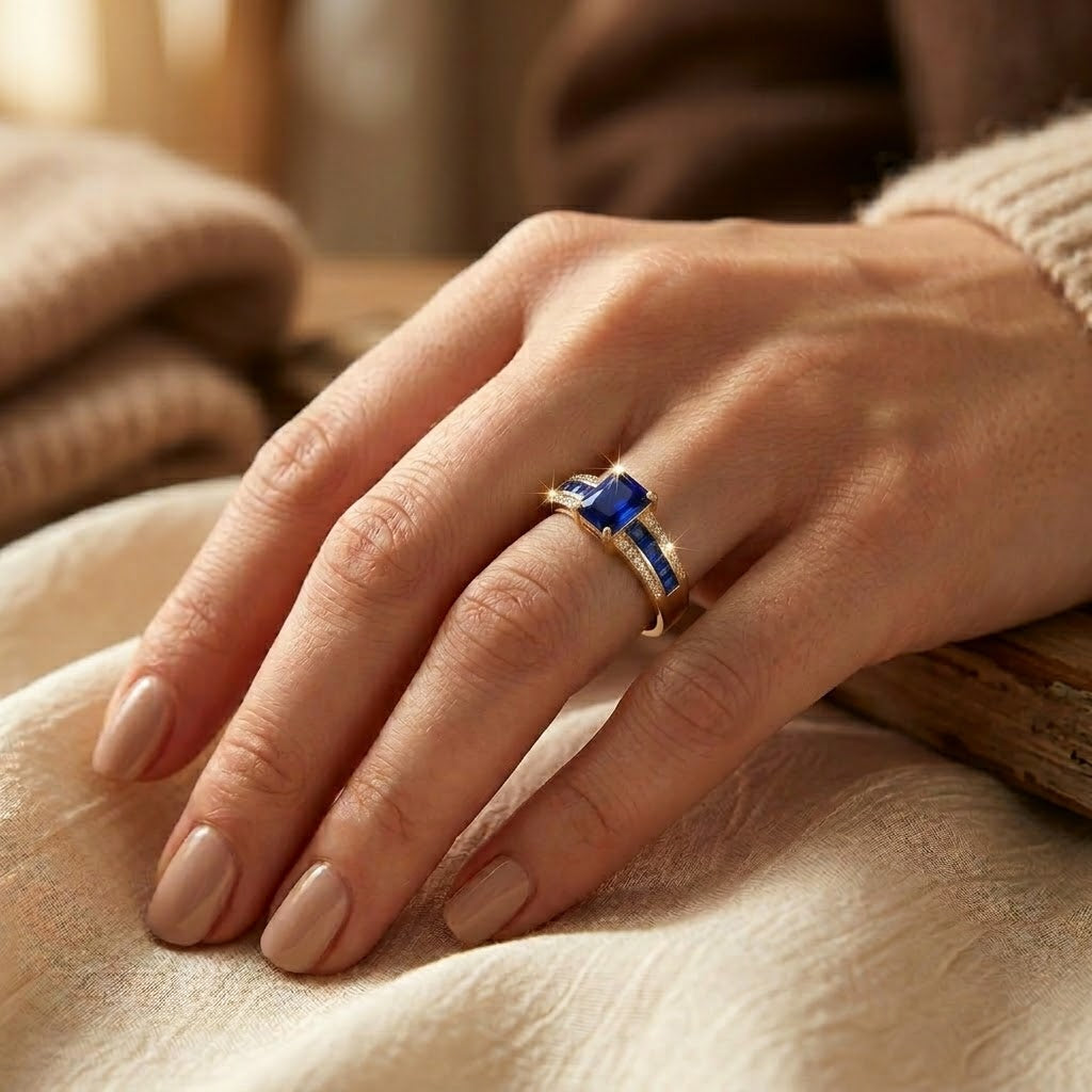 Square-Cut Gold Ring with Sapphire Accent
