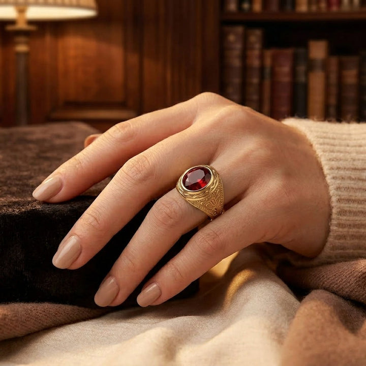 Ruby Engraved Gold Ring