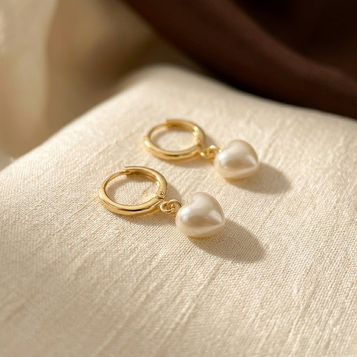Gold Heart Pearl Dangle Earrings