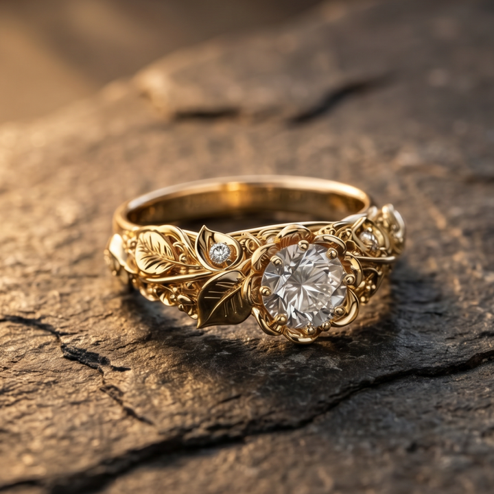Zirconia Ring with Golden Leaf Design