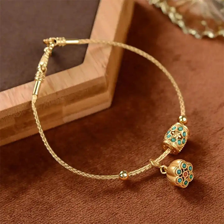 Vintage Gold Turquoise Lotus Cuff Bracelet