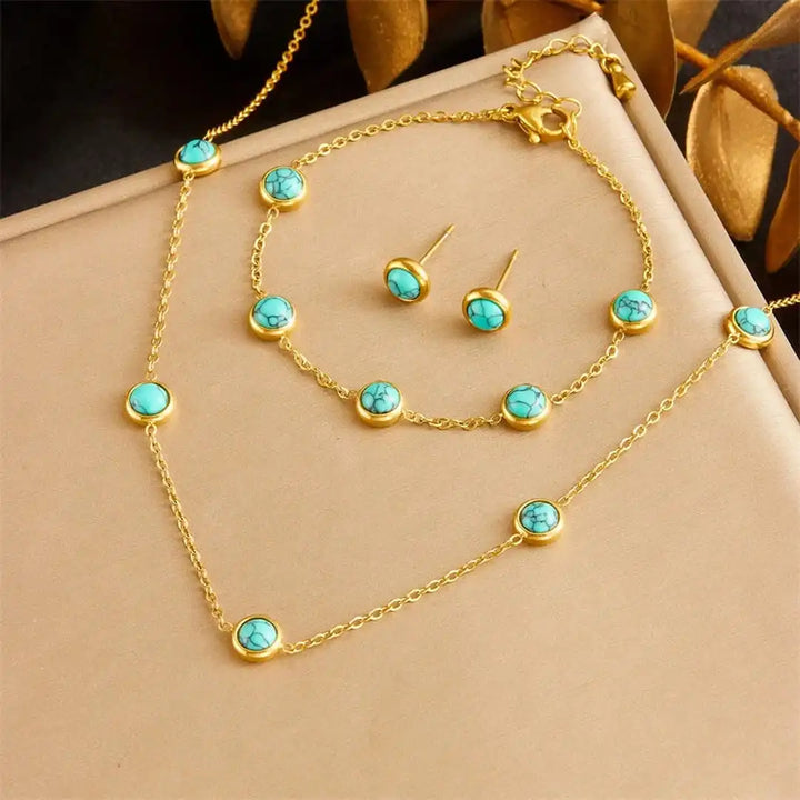 Bohemian-Inspired Silver Jewelry Set with Turquoise Necklace, Earrings, and Bracelet
