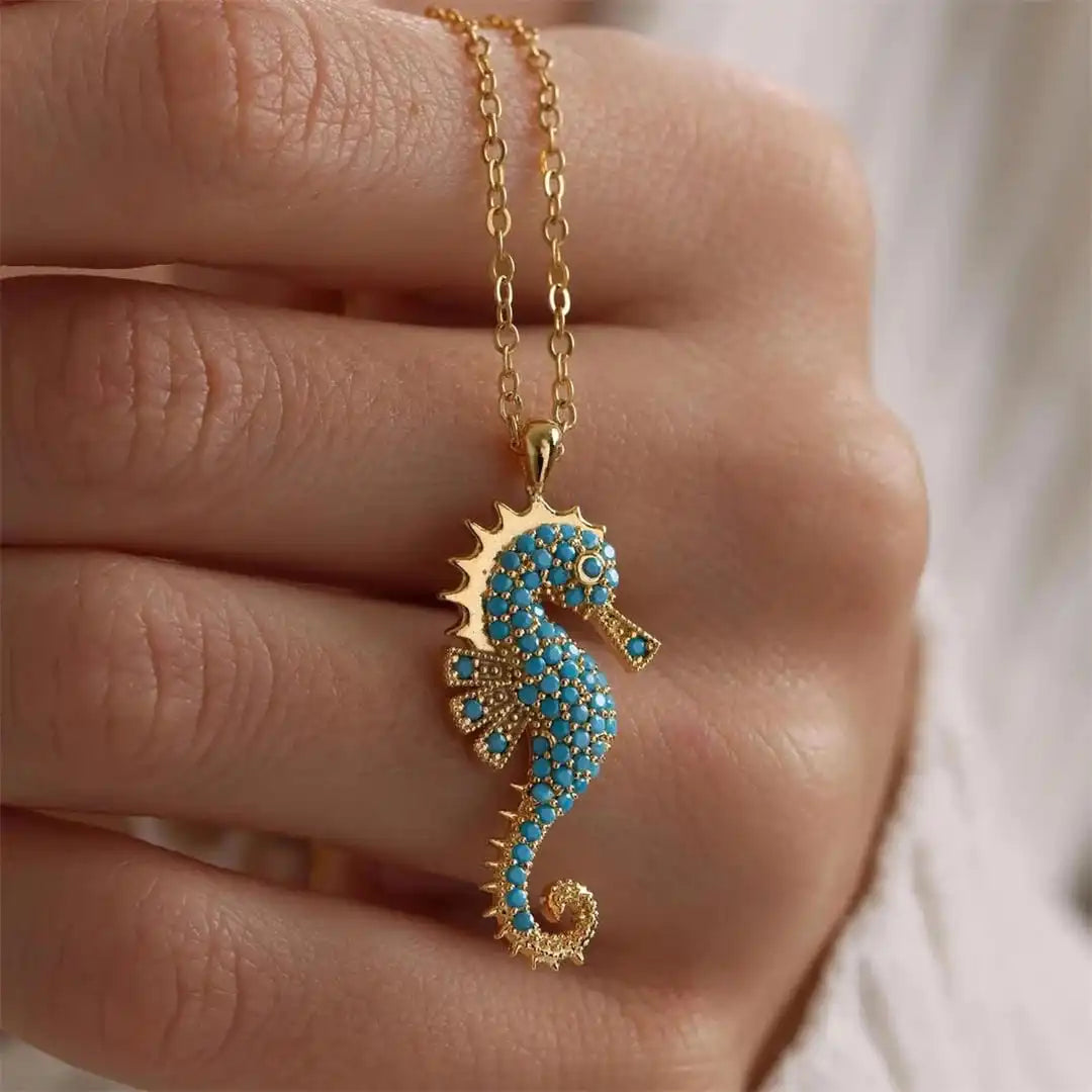 Turquoise Pendant Necklace with Gold Seahorse Charm
