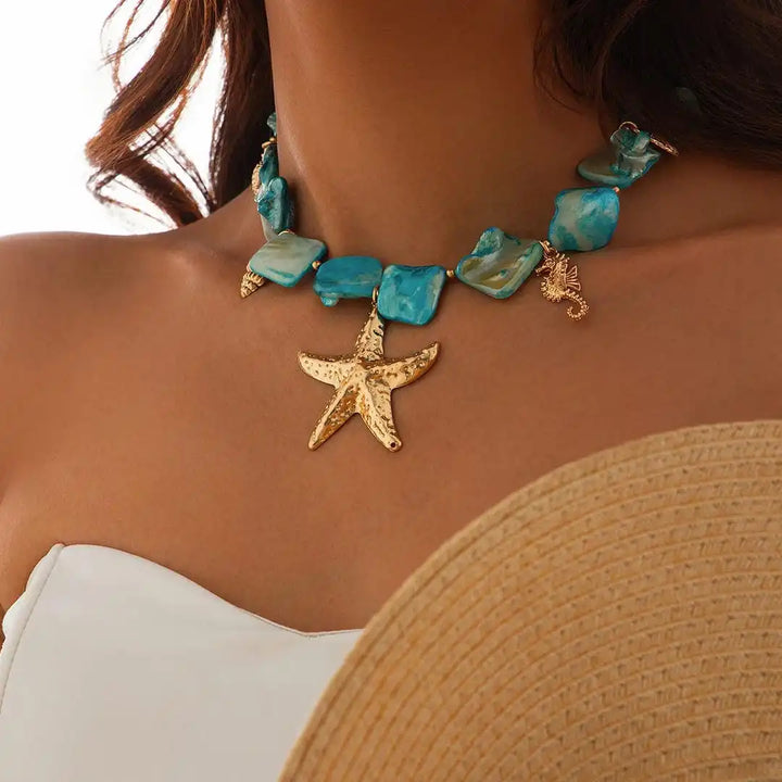 Bohemian-Inspired Starfish Pendant Necklace with Stone Accents