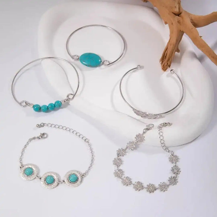 Antique Silver Turquoise Flower Bracelet Collection