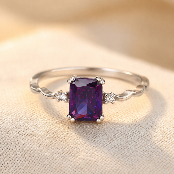 Silver Amethyst Emerald-Shaped Ring