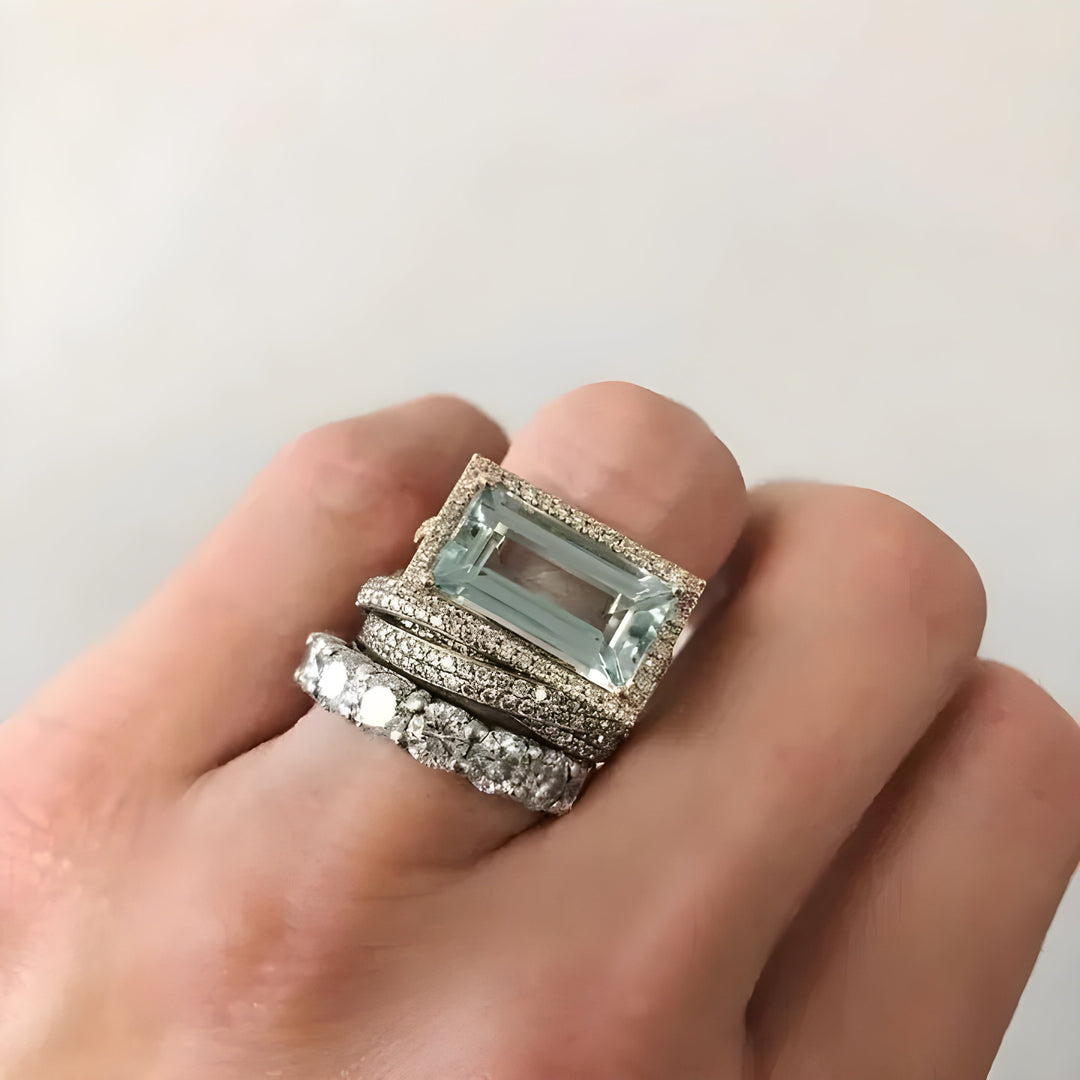 Retro Silver Turquoise Glass Ring Collection (Set of 3)