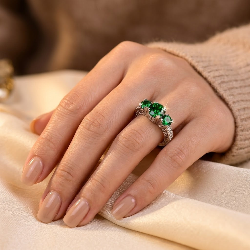 Emerald and Silver Trio Stone Ring