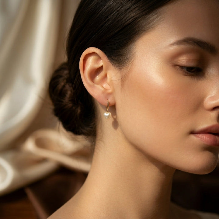 Gold Heart Pearl Dangle Earrings