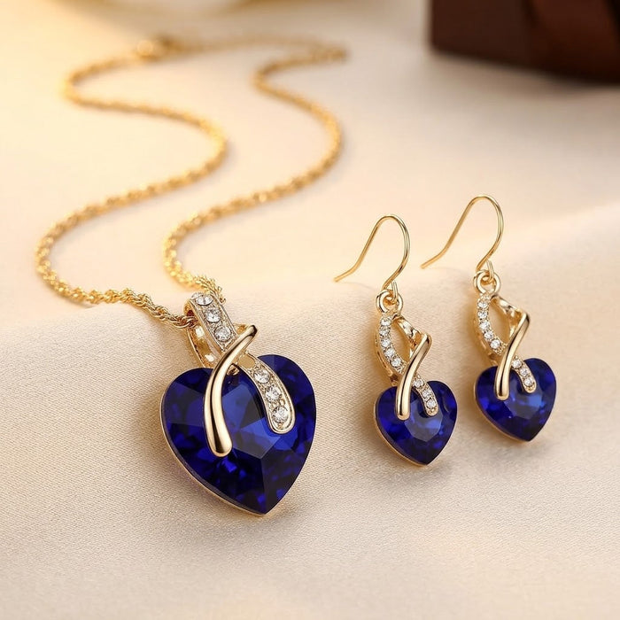 Gold Sapphire Heart Jewelry Set: Necklace and Earrings