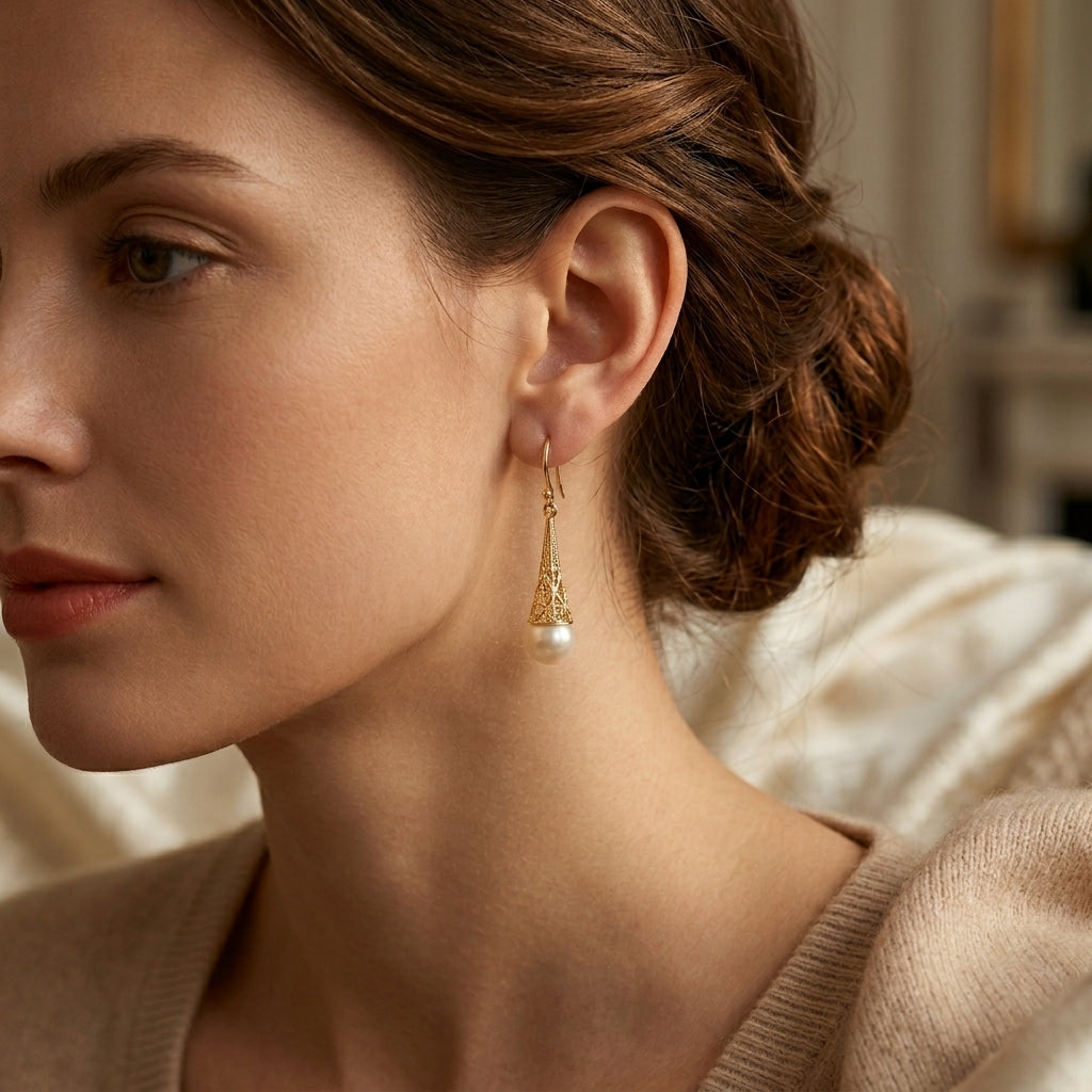 Pearl Drop Earrings with Gold Filigree Design