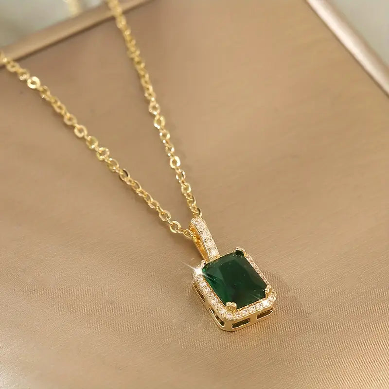 Emerald Halo Necklace with Gold Rectangular Design