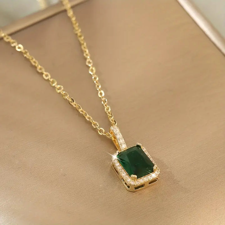 Emerald Halo Necklace with Gold Rectangular Design