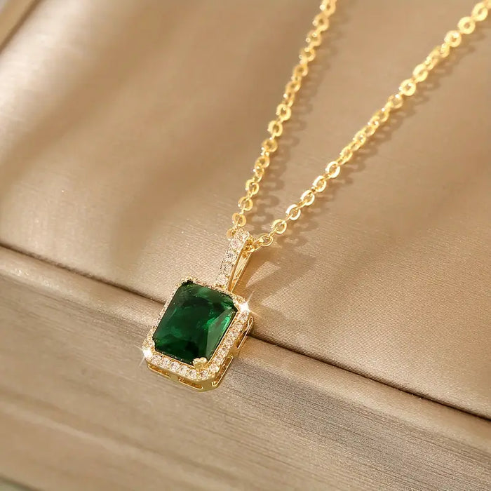 Emerald Halo Necklace with Gold Rectangular Design