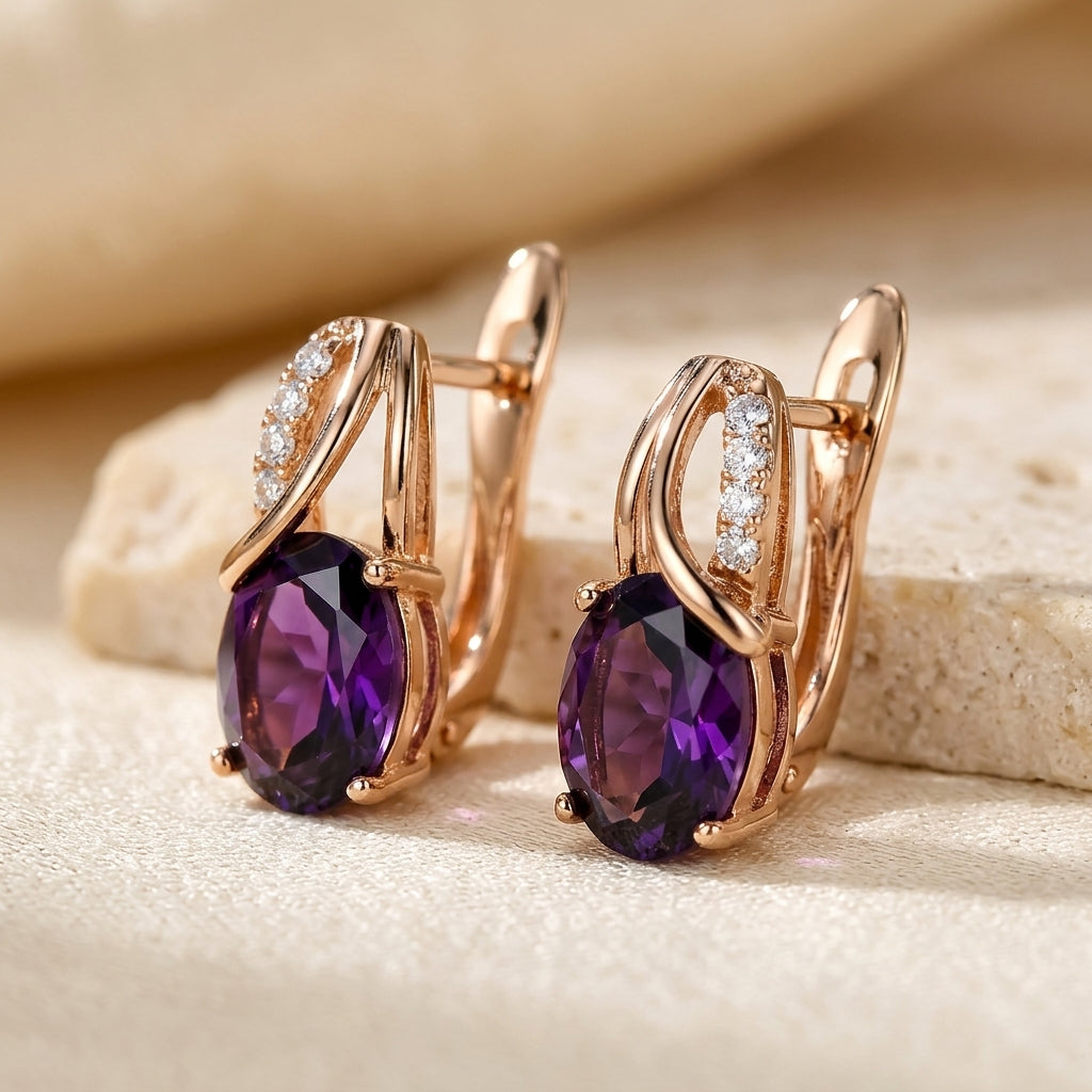 Amethyst-Accented Gold Hoop Earrings