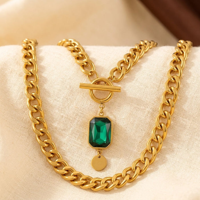 Emerald-Studded Gold Chain Necklace