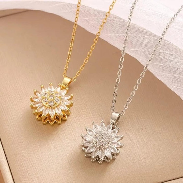 Elegant Silver Sunflower Zircon Jewelry Collection: Necklace and Earring Set
